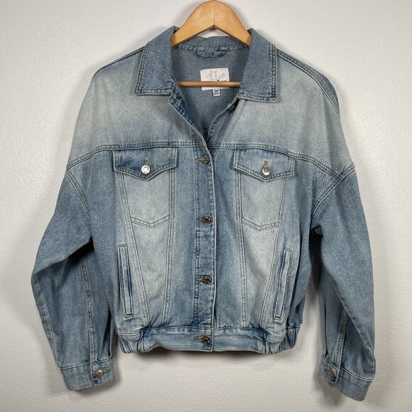 With Love YMI Light Steel Blue Cinched Hem Rose Gold Button Front Jean Jacket M - Picture 1 of 11